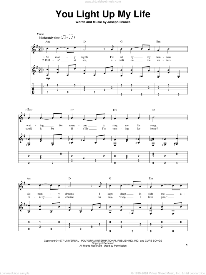 You Light Up My Life sheet music for guitar solo by Debby Boone and Joseph Brooks, wedding score, intermediate skill level