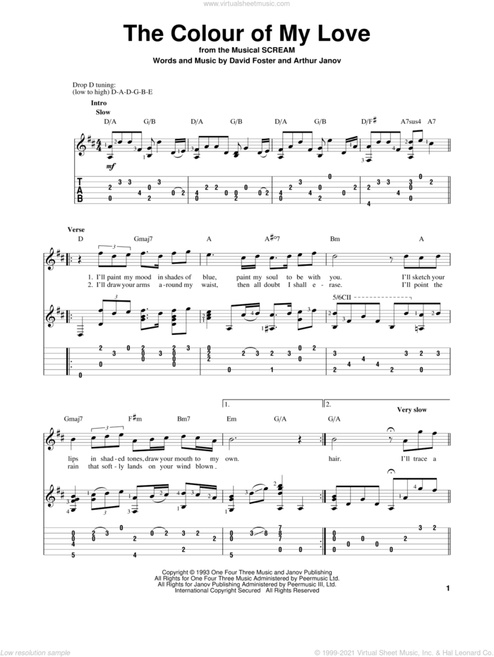 The Colour Of My Love sheet music for guitar solo by Celine Dion, Arthur Janov and David Foster, intermediate skill level