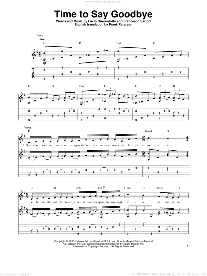 Time To Say Goodbye sheet music for guitar solo by Andrea Bocelli & Sarah Brightman, Francesco Sartori, Frank Peterson and Lucio Quarantotto, intermediate skill level