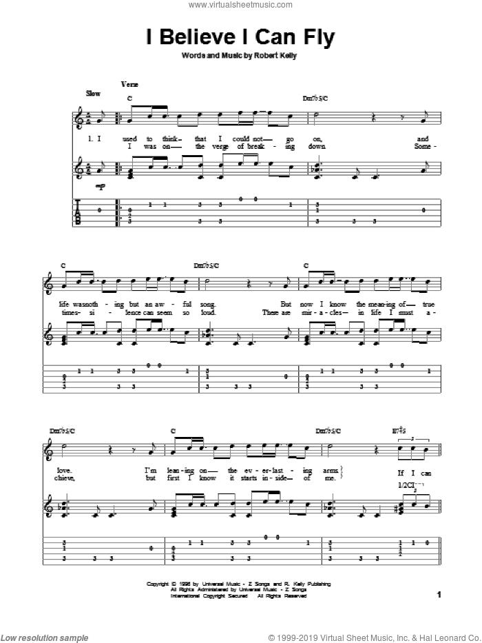 I Believe I Can Fly sheet music for guitar solo by Robert Kelly, intermediate skill level