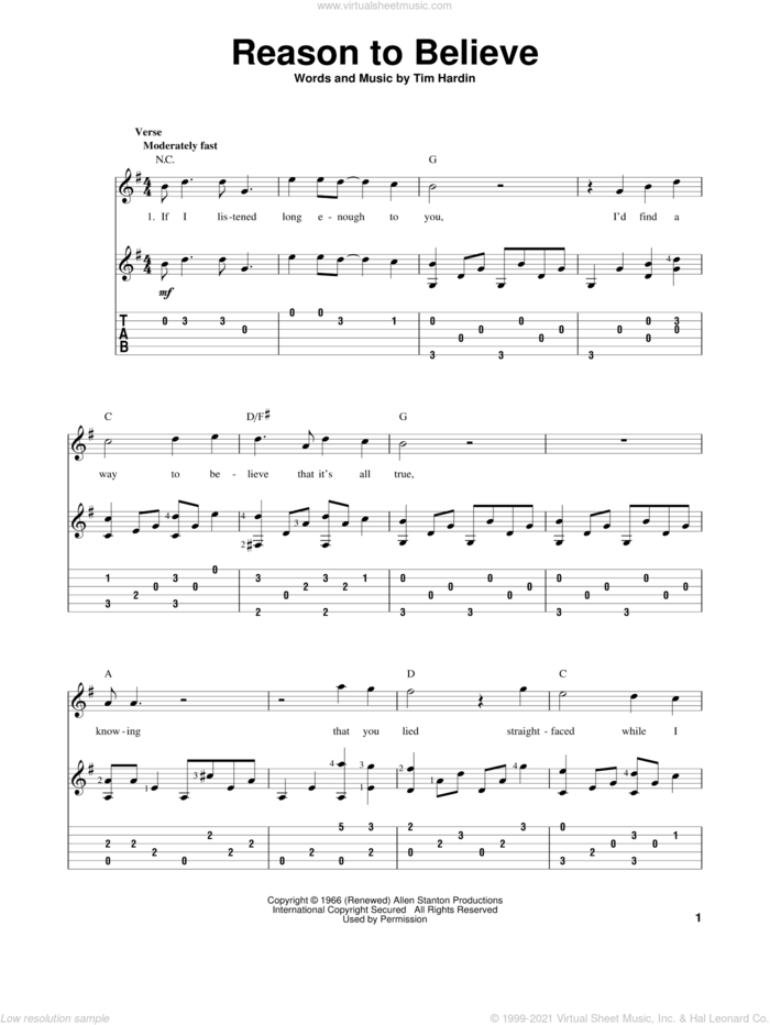 Reason To Believe sheet music for guitar solo by Rod Stewart and Tim Hardin, intermediate skill level