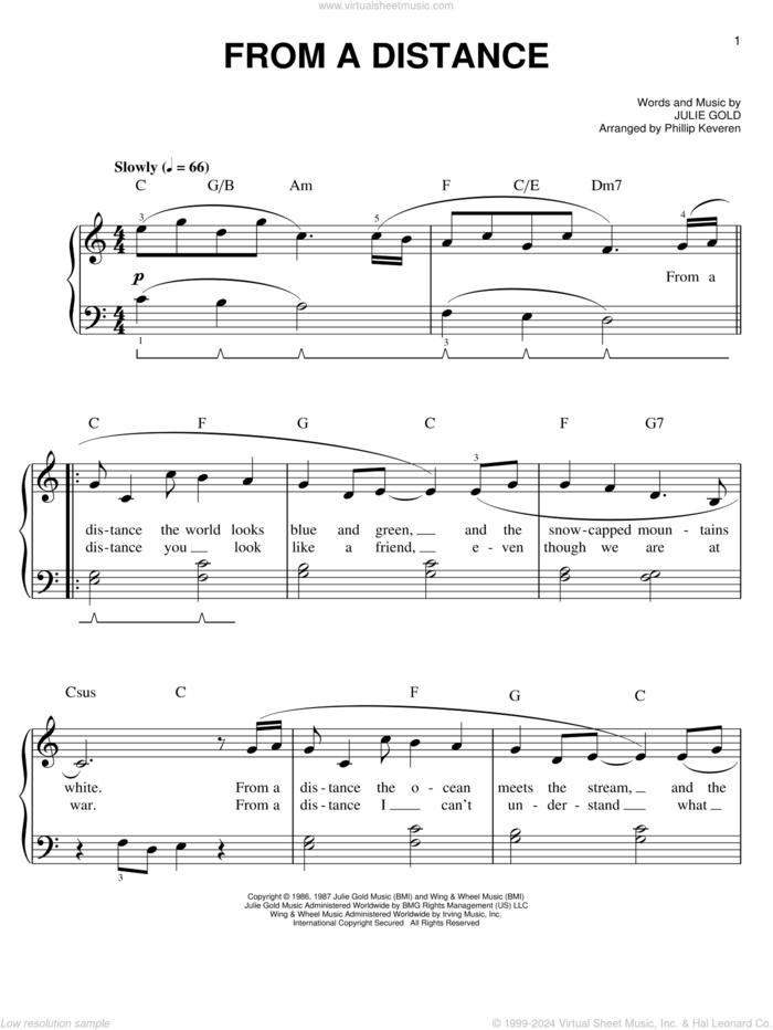 From A Distance (arr. Phillip Keveren) sheet music for piano solo by Phillip Keveren, Bette Midler and Julie Gold, easy skill level