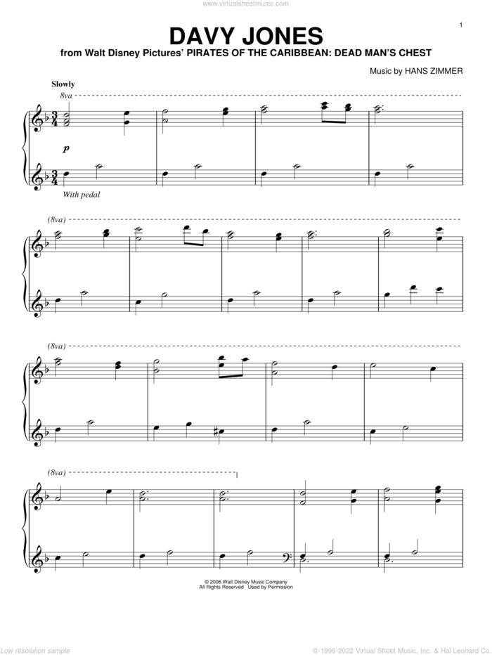Davy Jones (from Pirates Of The Caribbean: Dead Man's Chest) sheet music for piano solo by Hans Zimmer, intermediate skill level