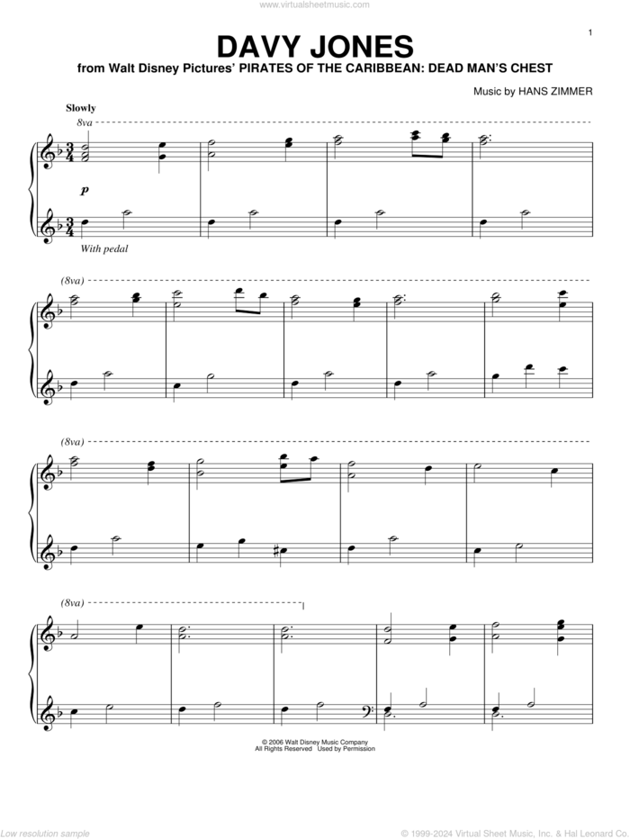 Davy Jones (from Pirates Of The Caribbean: Dead Man's Chest) sheet music for piano solo by Hans Zimmer, intermediate skill level