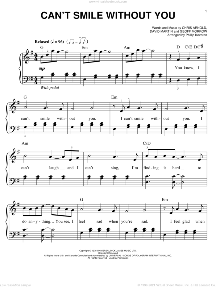 Can't Smile Without You (arr. Phillip Keveren) sheet music for piano solo by Phillip Keveren, Barry Manilow, Chris Arnold, David Martin and Geoff Morrow, easy skill level