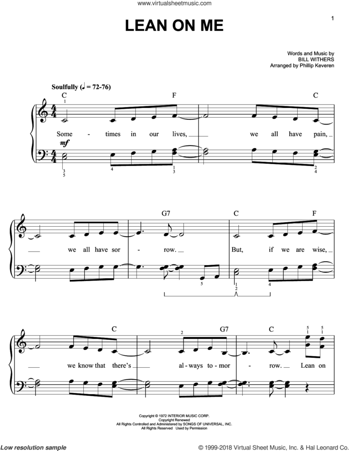 Lean On Me (arr. Phillip Keveren) sheet music for piano solo by Phillip Keveren and Bill Withers, easy skill level