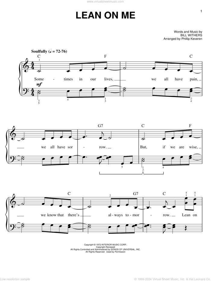 Lean On Me (arr. Phillip Keveren) sheet music for piano solo by Phillip Keveren and Bill Withers, easy skill level