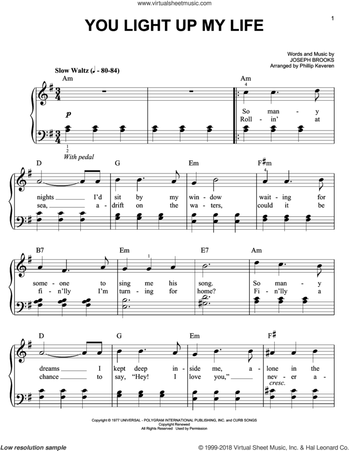 You Light Up My Life (arr. Phillip Keveren) sheet music for piano solo by Phillip Keveren, Debby Boone and Joseph Brooks, easy skill level
