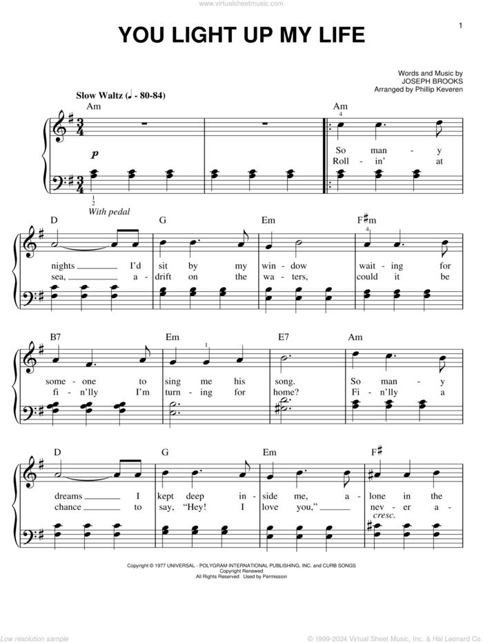 You Light Up My Life (arr. Phillip Keveren) sheet music for piano solo by Phillip Keveren, Debby Boone and Joseph Brooks, wedding score, easy skill level