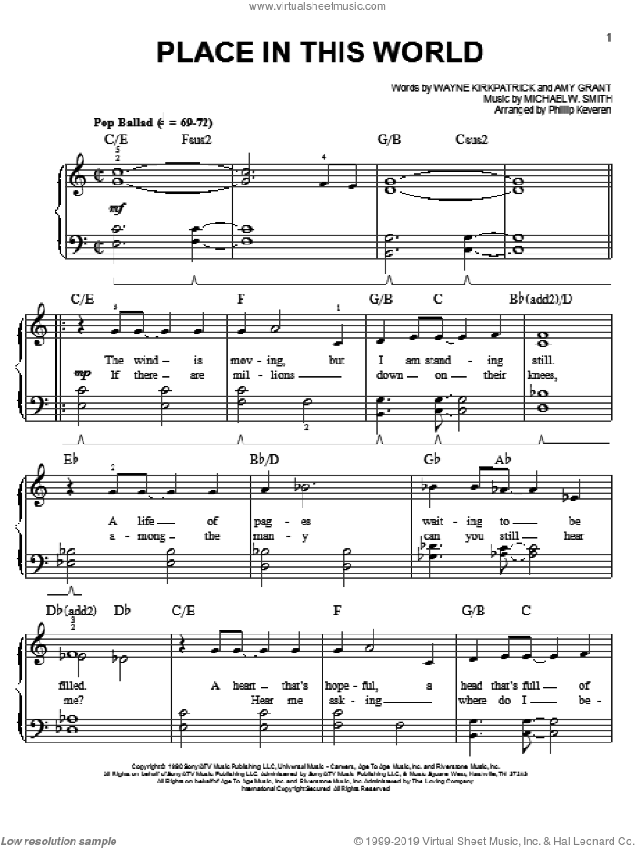 Place In This World (arr. Phillip Keveren) sheet music for piano solo by Phillip Keveren, Amy Grant, Michael W. Smith and Wayne Kirkpatrick, easy skill level