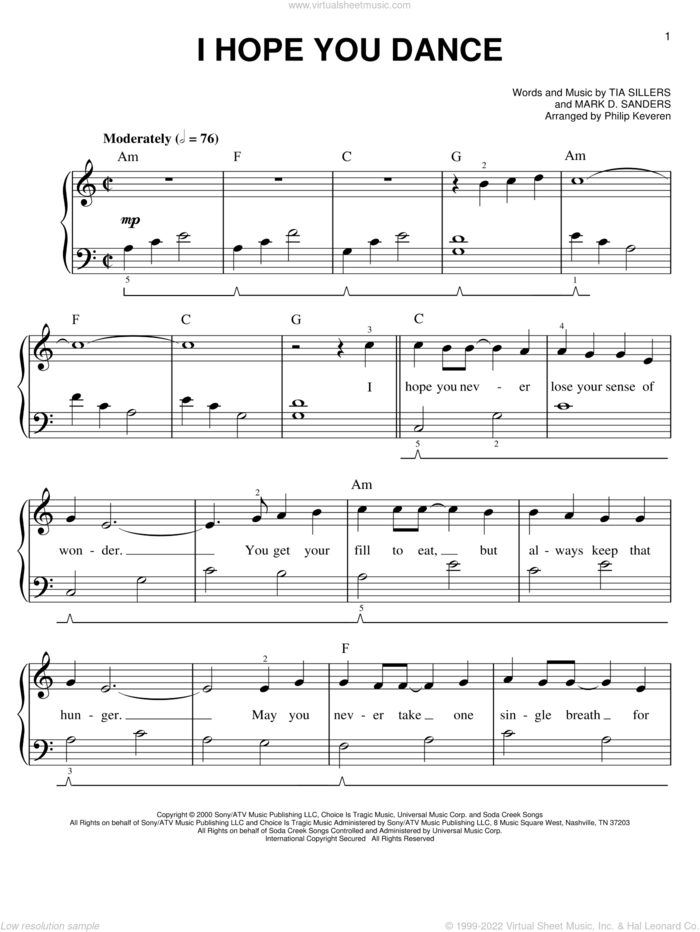 I Hope You Dance (arr. Phillip Keveren) sheet music for piano solo by Lee Ann Womack, Lee Ann Womack with Sons of the Desert, Mark D. Sanders, Phillip Keveren and Tia Sillers, easy skill level