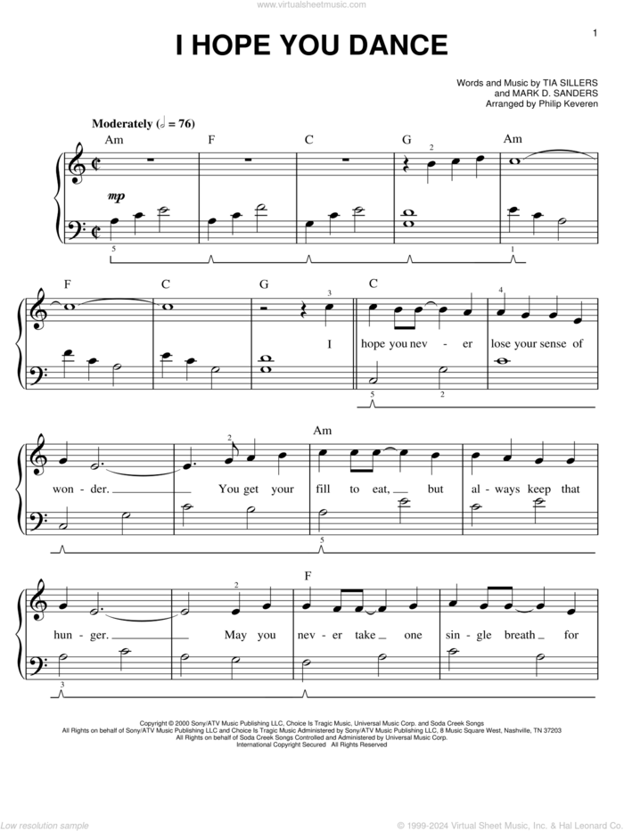 I Hope You Dance (arr. Phillip Keveren) sheet music for piano solo by Lee Ann Womack, Lee Ann Womack with Sons of the Desert, Mark D. Sanders, Phillip Keveren and Tia Sillers, easy skill level