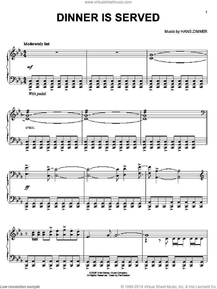 Dinner Is Served (from Pirates Of The Caribbean: Dead Man's Chest) sheet music for piano solo by Hans Zimmer, intermediate skill level