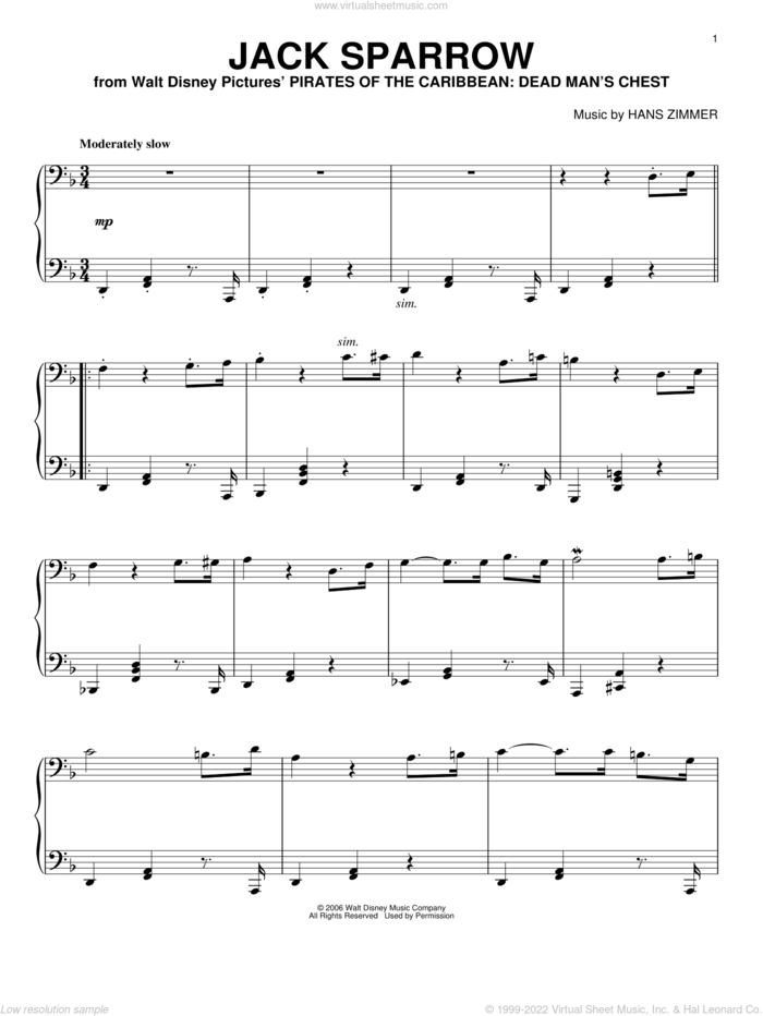 Jack Sparrow (from Pirates Of The Caribbean: Dead Man's Chest) sheet music for piano solo by Hans Zimmer, intermediate skill level