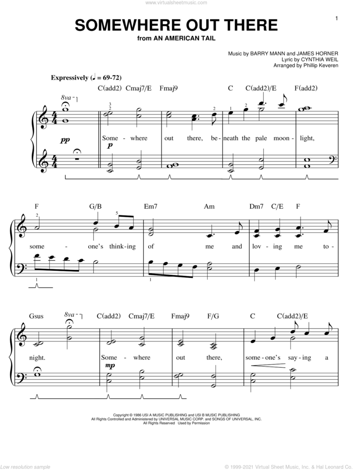 Somewhere Out There (arr. Phillip Keveren) sheet music for piano solo by Phillip Keveren, Barry Mann, Cynthia Weil, James Horner and Linda Ronstadt & James Ingram, easy skill level