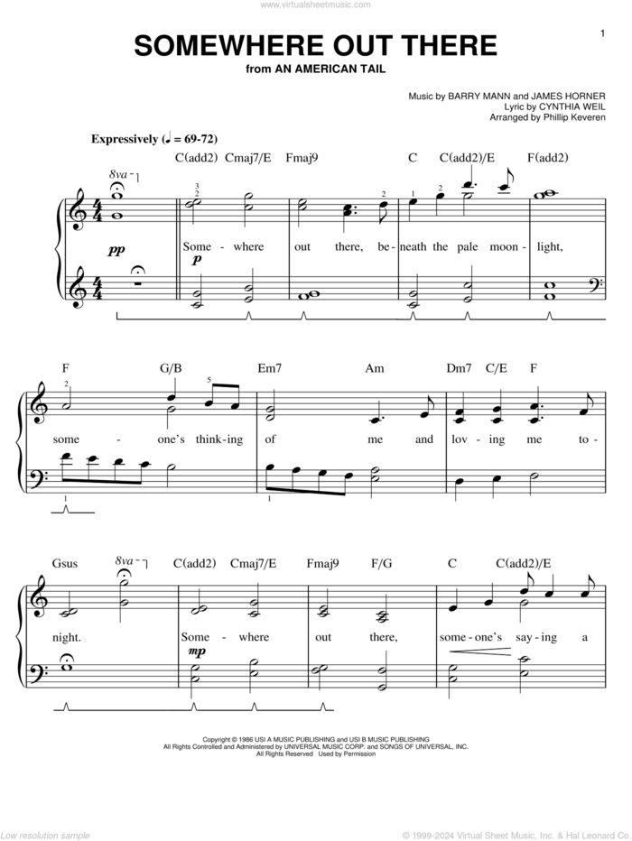 Somewhere Out There (arr. Phillip Keveren) sheet music for piano solo by Phillip Keveren, Barry Mann, Cynthia Weil, James Horner and Linda Ronstadt & James Ingram, easy skill level