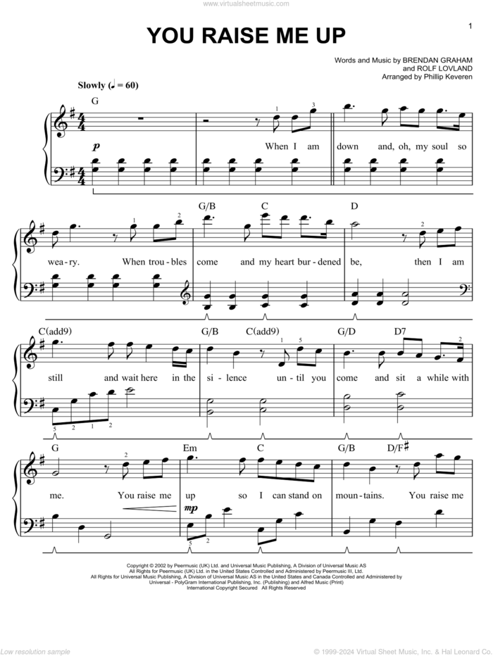 You Raise Me Up (arr. Phillip Keveren) sheet music for piano solo by Phillip Keveren, Brendan Graham, Josh Groban, Rolf Lovland and Secret Garden, wedding score, easy skill level