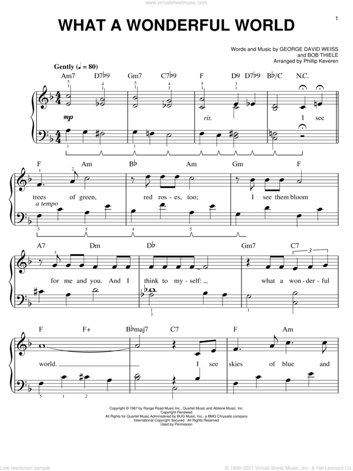 What A Wonderful World (arr. Phillip Keveren) sheet music for piano solo by Phillip Keveren, Bob Thiele, George David Weiss and Louis Armstrong, easy skill level