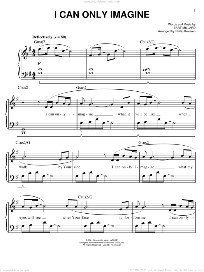 I Can Only Imagine (arr. Phillip Keveren) sheet music for piano solo by Phillip Keveren, Bart Millard and MercyMe, easy skill level