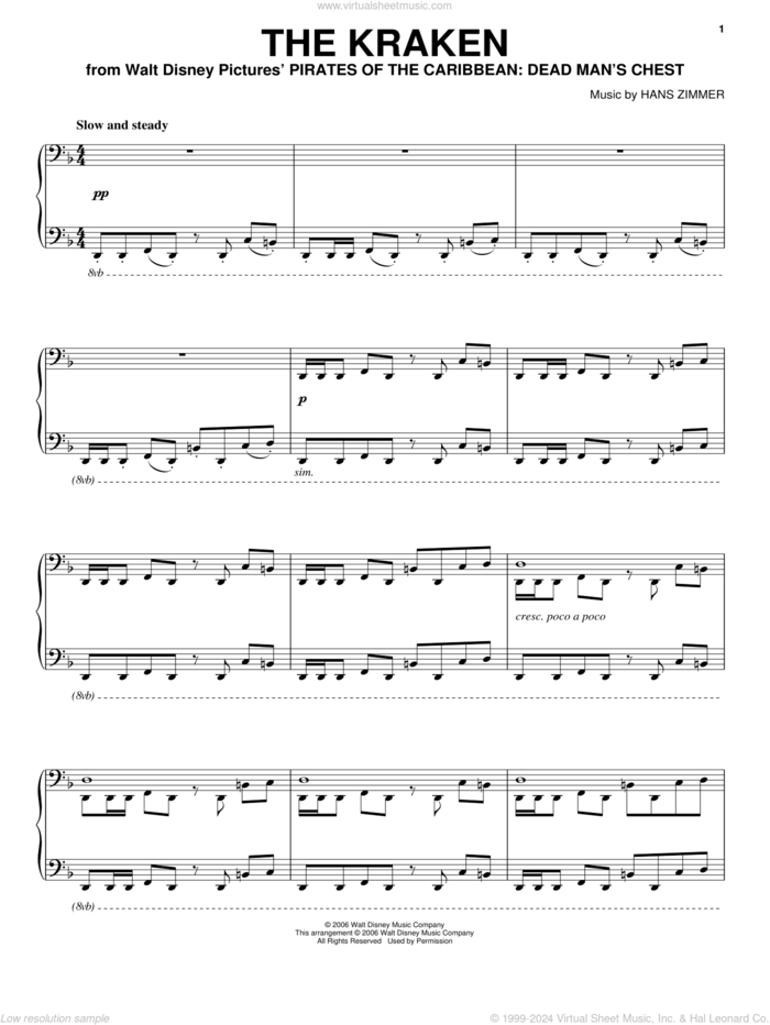 The Kraken sheet music for piano solo by Hans Zimmer, intermediate skill level