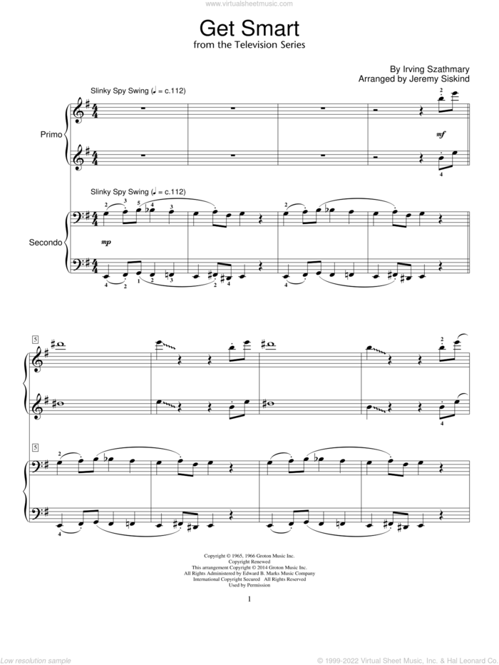 Get Smart sheet music for piano four hands by Irving Szathmary and Jeremy Siskind, intermediate skill level
