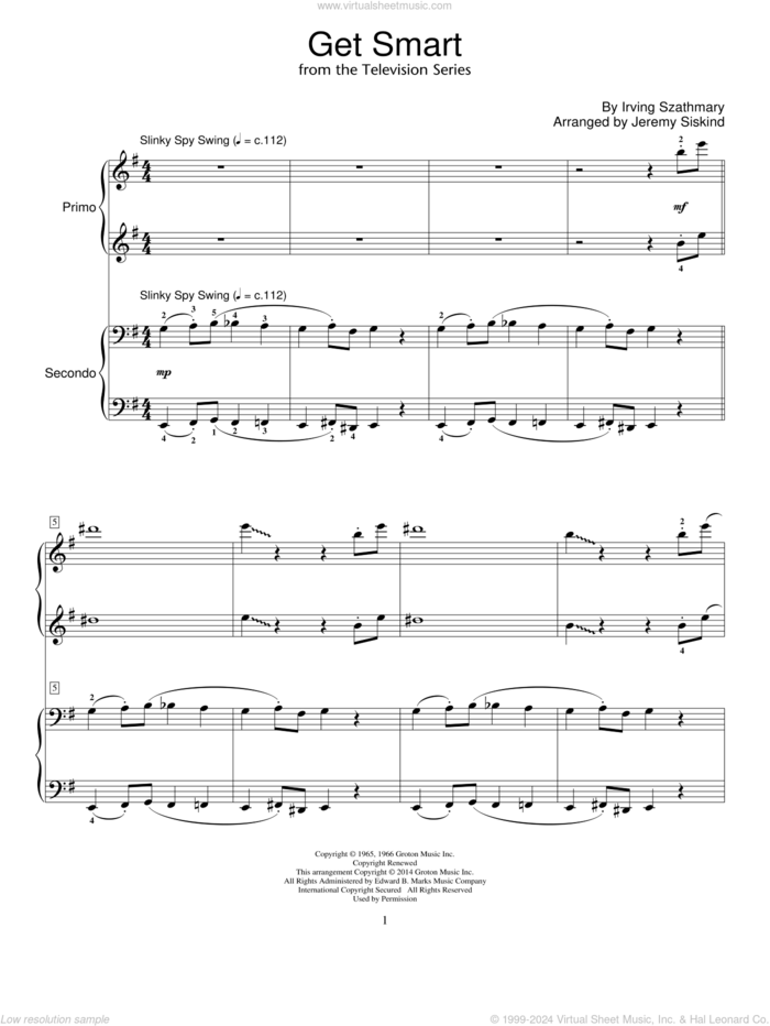 Get Smart sheet music for piano four hands by Irving Szathmary and Jeremy Siskind, intermediate skill level