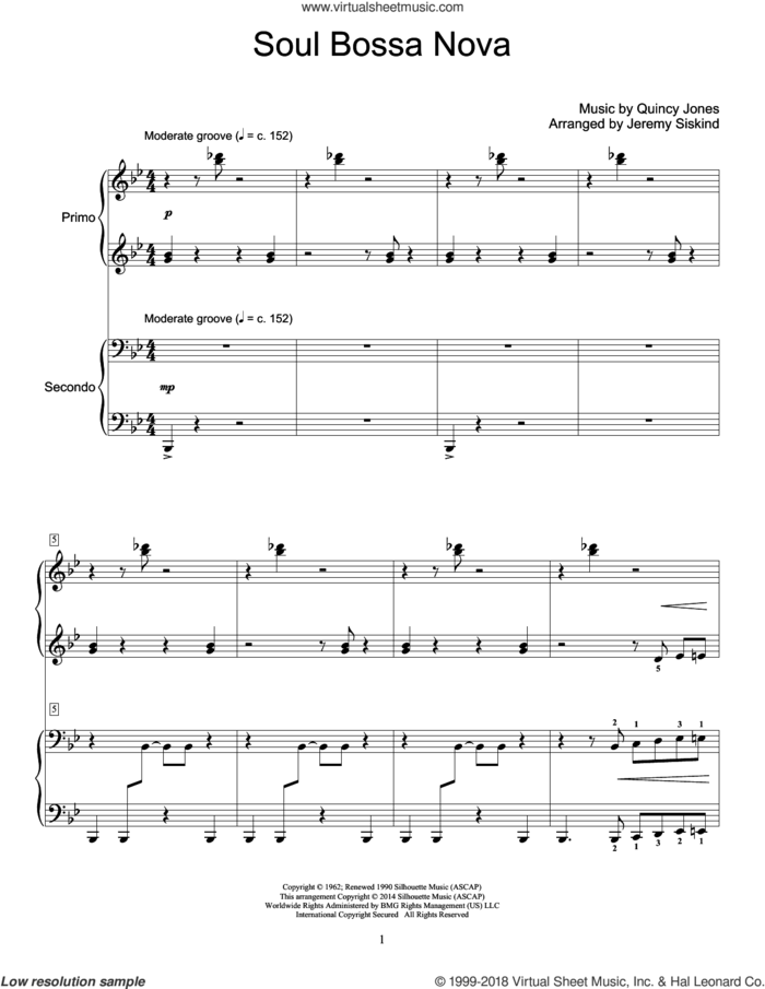 Soul Bossa Nova sheet music for piano four hands by Jeremy Siskind and Quincy Jones, intermediate skill level