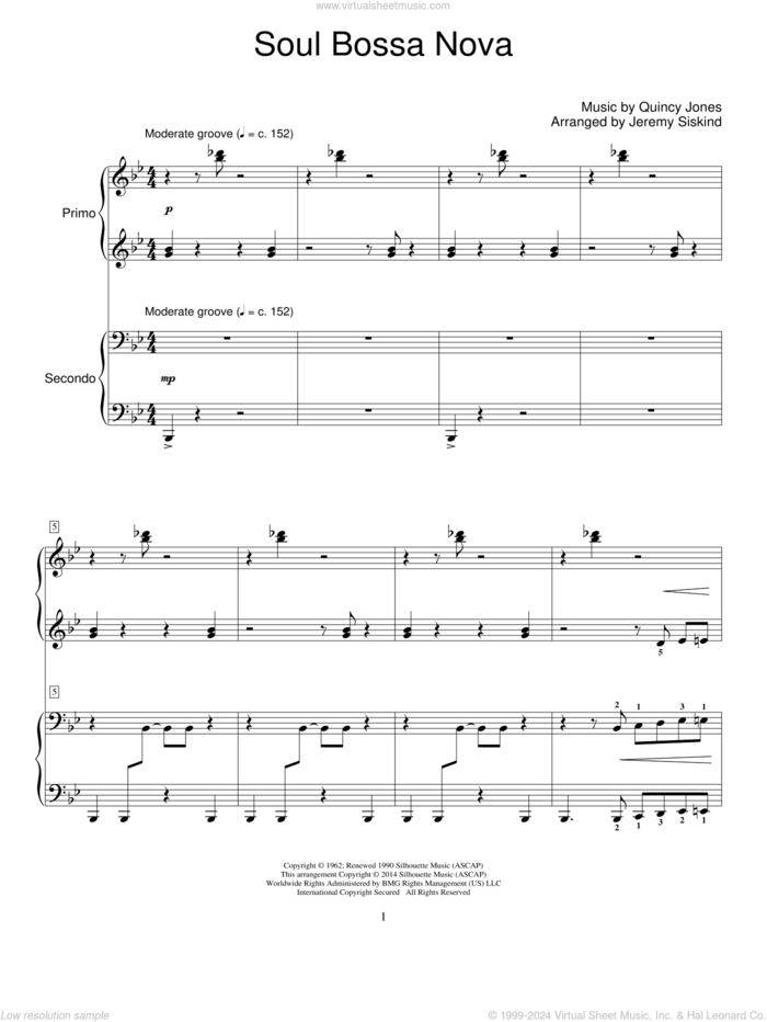 Soul Bossa Nova sheet music for piano four hands by Jeremy Siskind and Quincy Jones, intermediate skill level