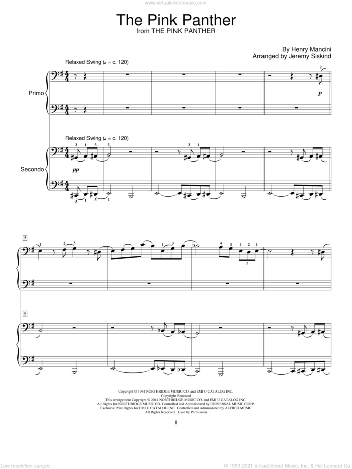 The Pink Panther sheet music for piano four hands by Henry Mancini and Jeremy Siskind, intermediate skill level
