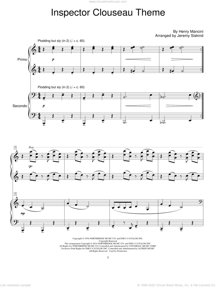 Inspector Clouseau Theme sheet music for piano four hands by Henry Mancini and Jeremy Siskind, intermediate skill level