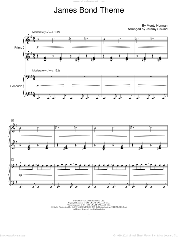 James Bond Theme sheet music for piano four hands by Monty Norman and Jeremy Siskind, intermediate skill level
