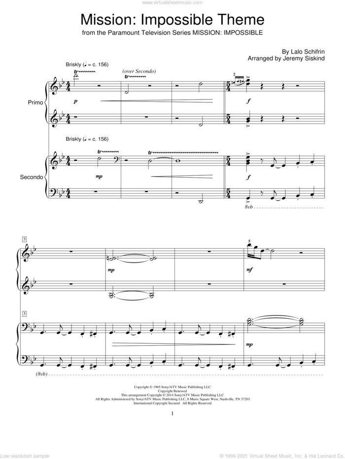 Mission: Impossible Theme sheet music for piano four hands by Lalo Schifrin, Adam Clayton and Larry Mullen and Jeremy Siskind, intermediate skill level