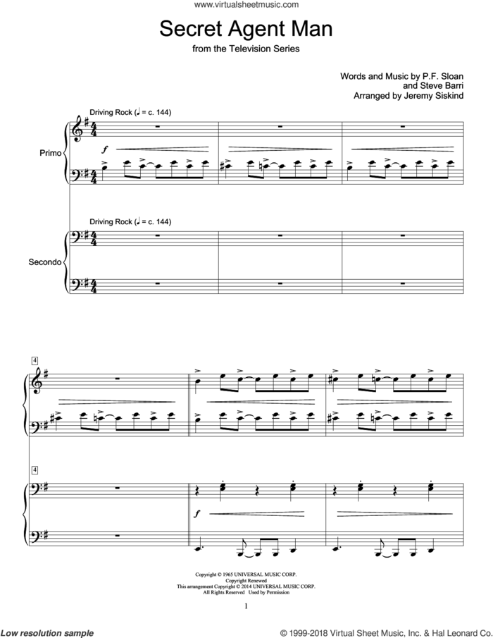 Secret Agent Man sheet music for piano four hands by Jeremy Siskind, Johnny Rivers, P.F. Sloan and Steve Barri, intermediate skill level