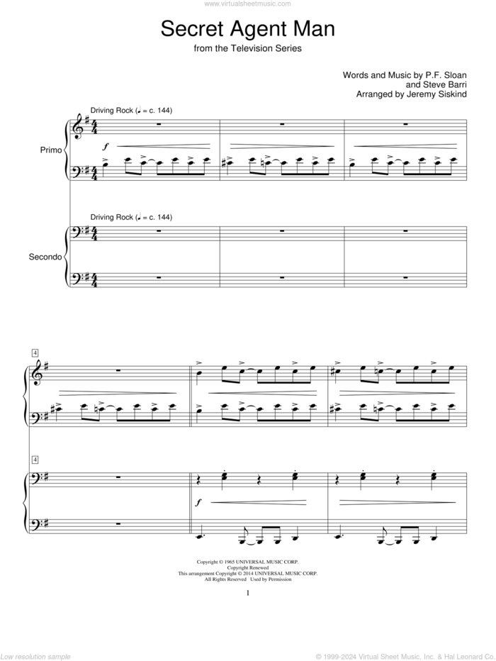 Secret Agent Man sheet music for piano four hands by Jeremy Siskind, Johnny Rivers, P.F. Sloan and Steve Barri, intermediate skill level