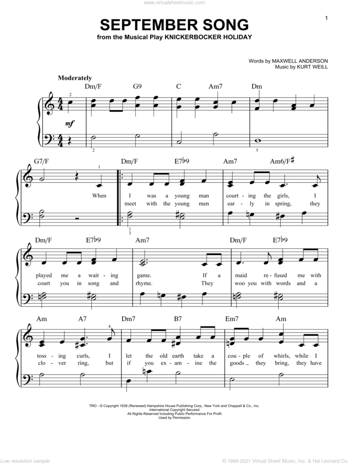 September Song, (easy) sheet music for piano solo by Kurt Weill and Maxwell Anderson, easy skill level