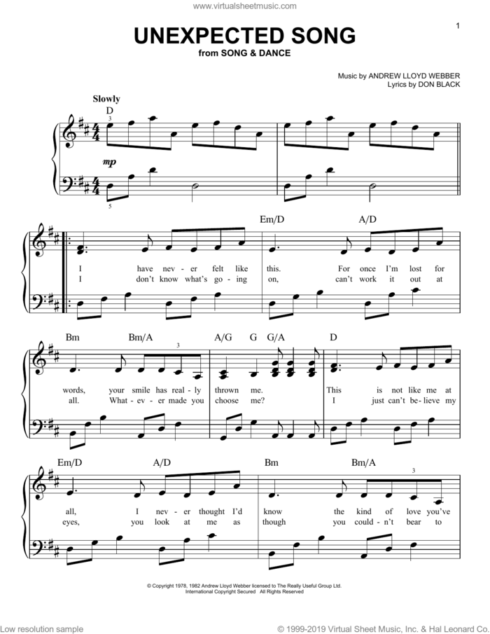 Unexpected Song (from Song and Dance), (easy) sheet music for piano solo by Bernadette Peters, Andrew Lloyd Webber, Don Black and Sarah Brightman, easy skill level