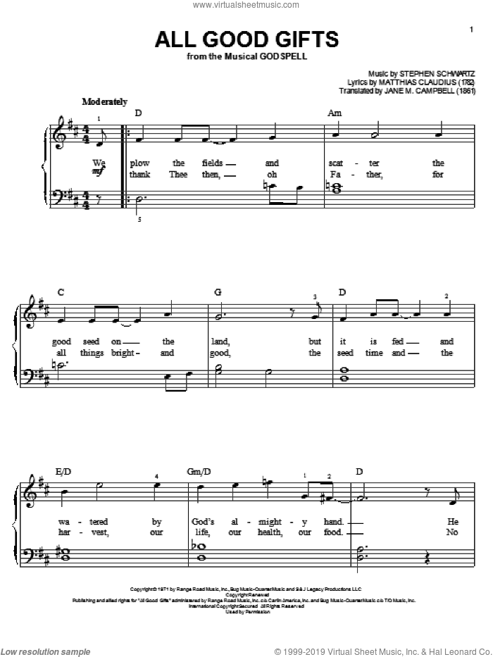 All Good Gifts sheet music for piano solo by Stephen Schwartz, easy skill level