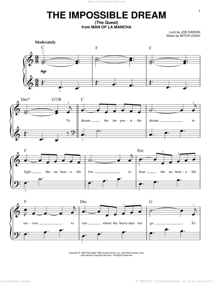 The Impossible Dream (The Quest) sheet music for piano solo by Joe Darion and Mitch Leigh, beginner skill level