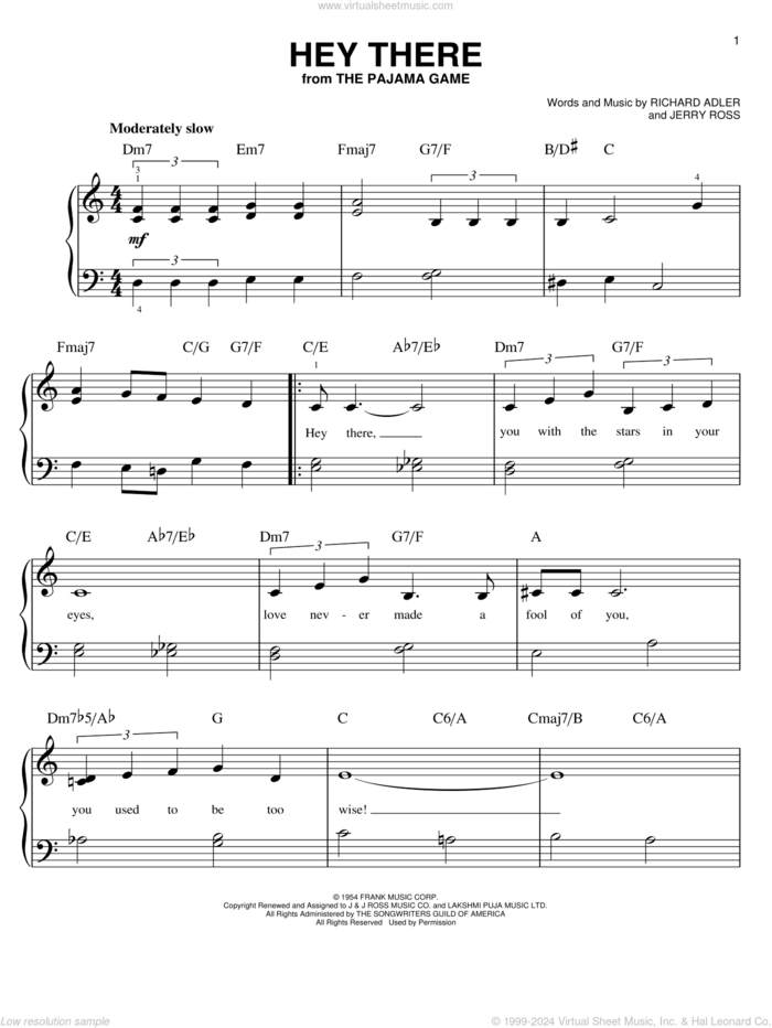 Hey There, (beginner) sheet music for piano solo by Richard Adler, Jerry Ross and Rosemary Clooney, beginner skill level