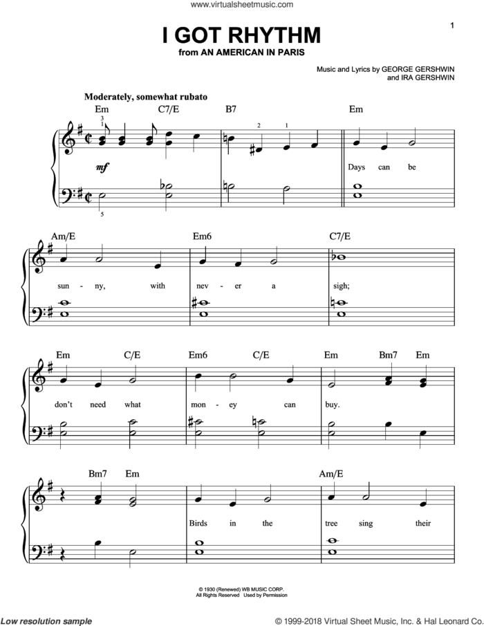 I Got Rhythm sheet music for piano solo by George Gershwin and Ira Gershwin, beginner skill level