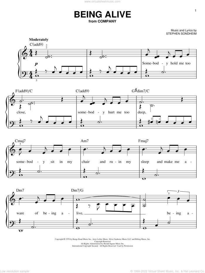 Being Alive sheet music for piano solo by Stephen Sondheim, easy skill level