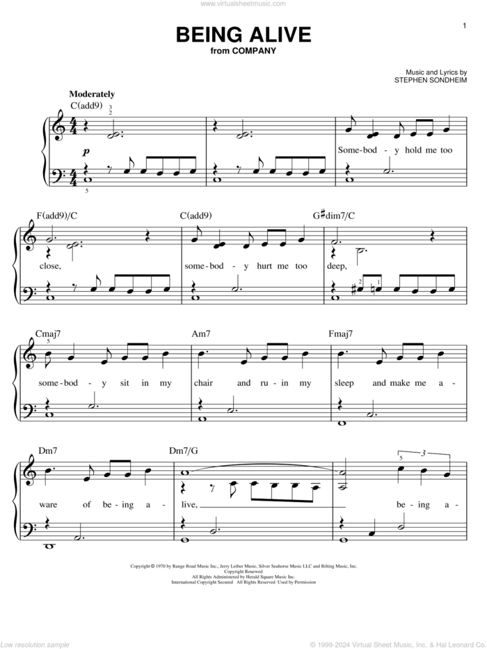 Being Alive sheet music for piano solo by Stephen Sondheim, easy skill level