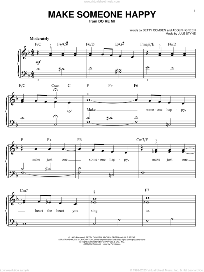 Make Someone Happy sheet music for piano solo by Jule Styne, Adolph Green and Betty Comden, easy skill level