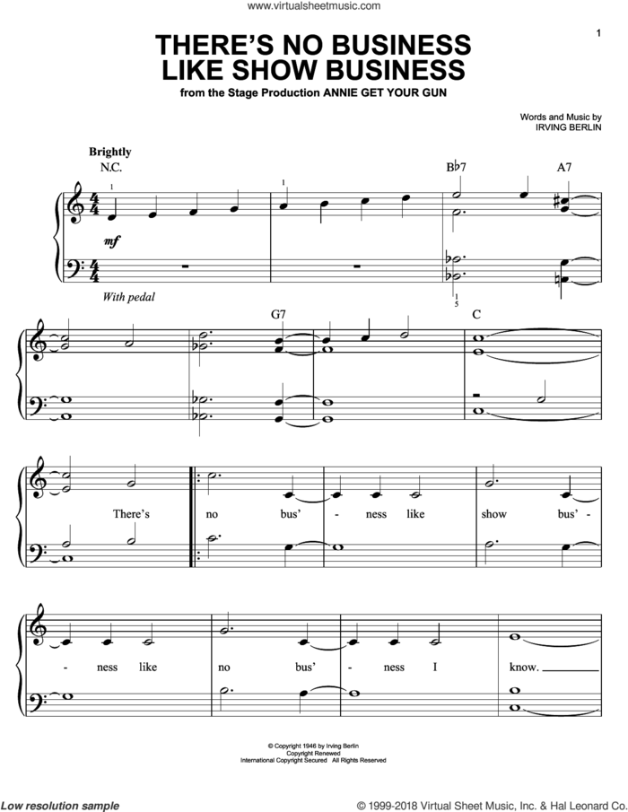 There's No Business Like Show Business sheet music for piano solo by Irving Berlin, easy skill level