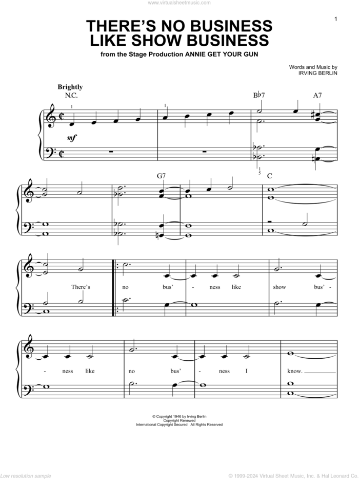 There's No Business Like Show Business sheet music for piano solo by Irving Berlin, easy skill level