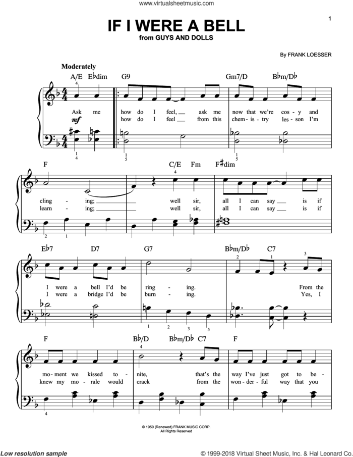 If I Were A Bell, (beginner) sheet music for piano solo by Frank Loesser and Miles Davis, beginner skill level