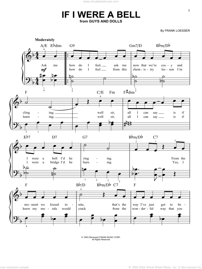 If I Were A Bell, (beginner) sheet music for piano solo by Frank Loesser and Miles Davis, beginner skill level