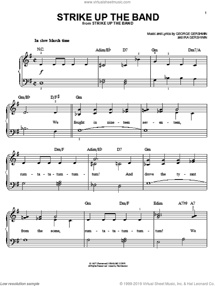 Strike Up The Band sheet music for piano solo by George Gershwin and Ira Gershwin, easy skill level