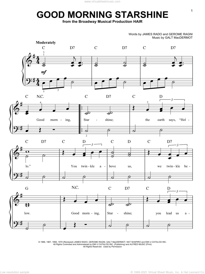 Good Morning Starshine sheet music for piano solo by James Rado, Gerome Ragni and Oliver Holden, easy skill level