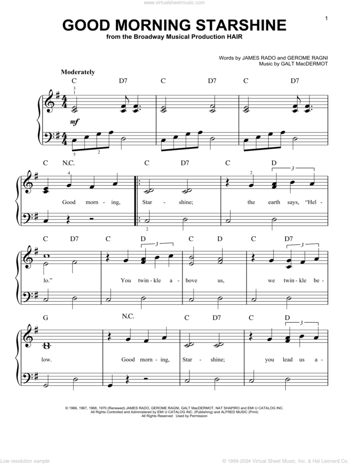 Good Morning Starshine, (easy) sheet music for piano solo by James Rado, Gerome Ragni and Oliver Holden, easy skill level